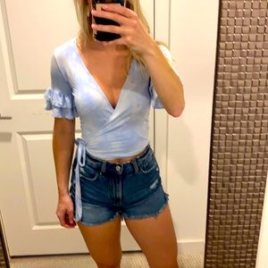 American Eagle blue & white tie-dye wrap crop top